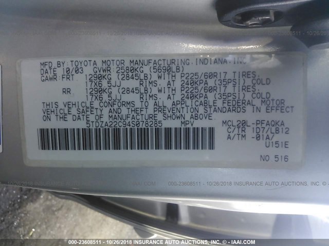 5TDZA22C94S078285 - 2004 TOYOTA SIENNA XLE/XLE LIMITED SILVER photo 9