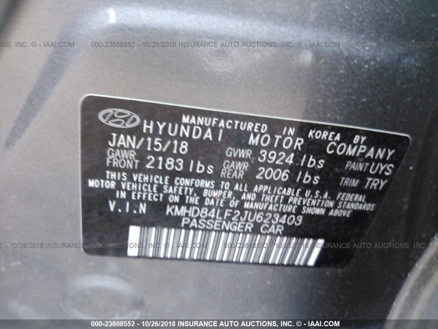 KMHD84LF2JU623403 - 2018 HYUNDAI ELANTRA SEL/VALUE/LIMITED GRAY photo 9