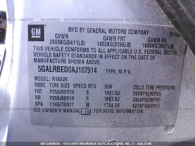 5GALRBED0AJ107914 - 2010 BUICK ENCLAVE CXL SILVER photo 9