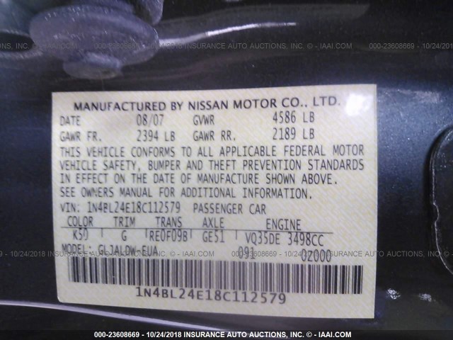 1N4BL24E18C112579 - 2008 NISSAN ALTIMA 3.5SE GRAY photo 9