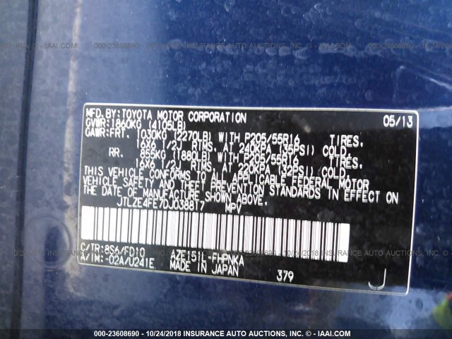 JTLZE4FE7DJ038817 - 2013 TOYOTA SCION XB Mavi foto 9