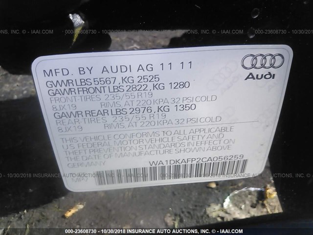 WA1DKAFP2CA056259 - 2012 AUDI Q5 PREMIUM PLUS BLACK photo 9