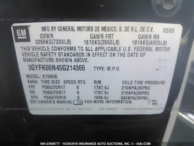 3GYFK66N45G214366 - 2005 CADILLAC ESCALADE ESV BLACK photo 9