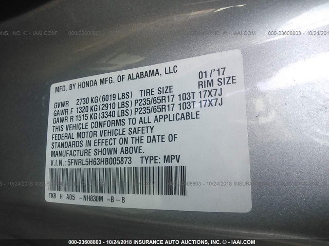 5FNRL5H63HB005873 - 2017 HONDA ODYSSEY EXL SILVER photo 9