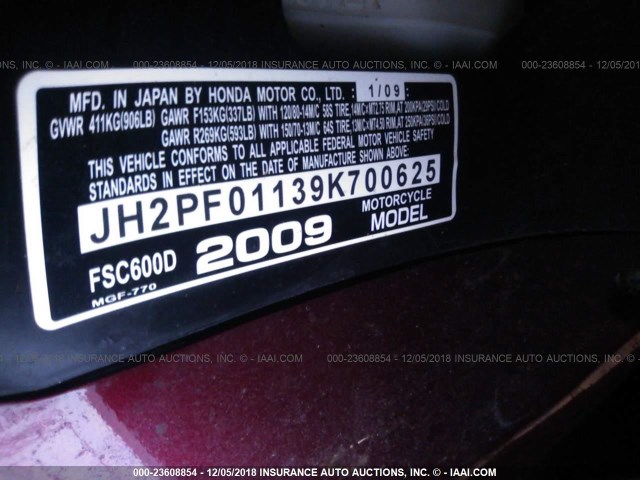 JH2PF01139K700625 - 2009 HONDA FSC600 D RED photo 10