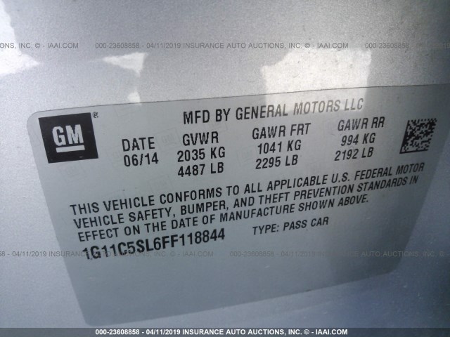 1G11C5SL6FF118844 - 2015 CHEVROLET MALIBU 1LT 银色 照片 9