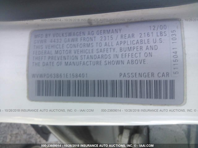 WVWPD63B61E158401 - 2001 VOLKSWAGEN PASSAT GLS WHITE photo 9