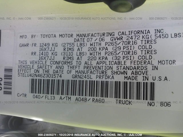 5TELU42N46Z301574 - 2006 TOYOTA TACOMA DOUBLE CAB 白色 照片 9