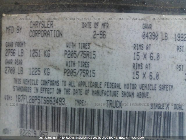 1B7FL26P5TS663493 - 1996 DODGE DAKOTA BLACK photo 9