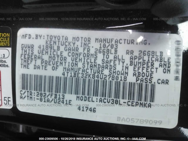 4T1BE32K84U278018 - 2004 TOYOTA CAMRY LE/XLE/SE BLACK photo 9