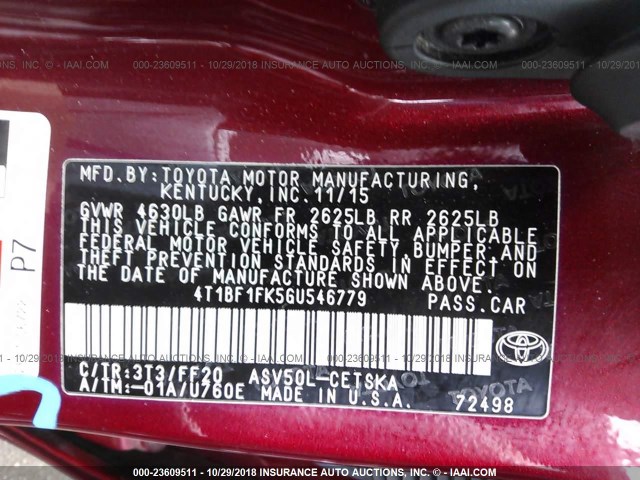 4T1BF1FK5GU546779 - 2016 TOYOTA CAMRY LE/XLE/SE/XSE RED photo 9