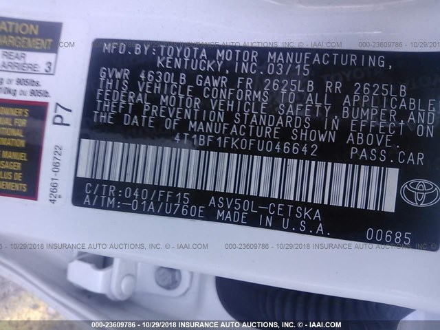 4T1BF1FK0FU046642 - 2015 TOYOTA CAMRY LE/XLE/SE/XSE WHITE photo 9