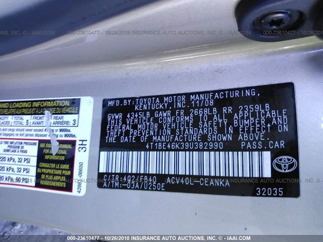 4T1BE46K39U382990 - 2009 TOYOTA CAMRY SE/LE/XLE ოქროსფერი ფოტო 9