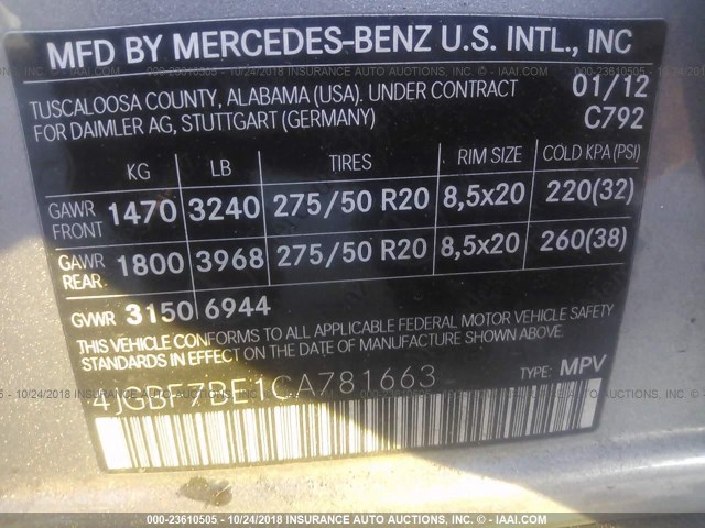 4JGBF7BE1CA781663 - 2012 MERCEDES-BENZ GL 450 4MATIC GOLD photo 9