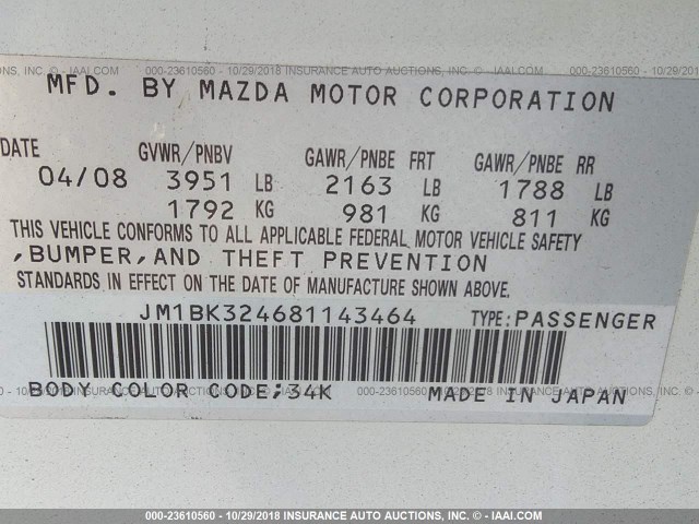 JM1BK324681143464 - 2008 MAZDA 3 S WHITE photo 9