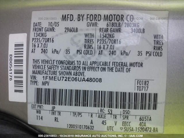 1FMEU72E06UA48008 - 2006 FORD EXPLORER XLS GRAY photo 9