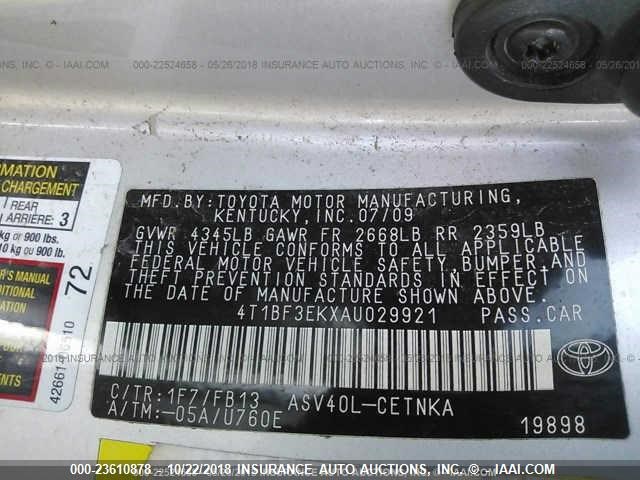 4T1BF3EKXAU029921 - 2010 TOYOTA CAMRY SE/LE/XLE SILVER photo 9