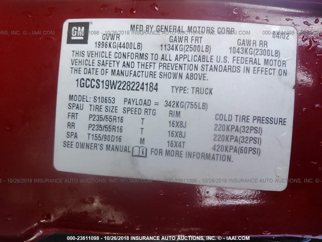 1GCCS19W228224184 - 2002 CHEVROLET S TRUCK S10 RED photo 9