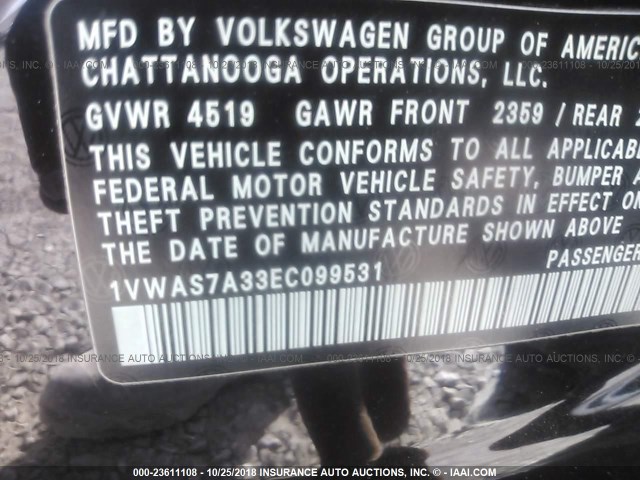 1VWAS7A33EC099531 - 2014 VOLKSWAGEN PASSAT S BLACK photo 9