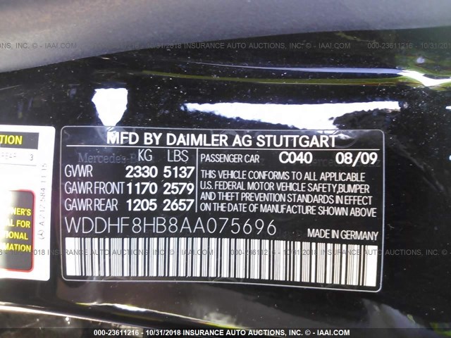 WDDHF8HB8AA075696 - 2010 MERCEDES-BENZ E 350 4MATIC BLACK photo 9