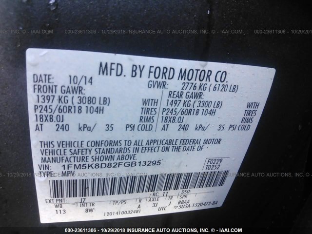 1FM5K8D82FGB13295 - 2015 FORD EXPLORER XLT GRAY photo 9