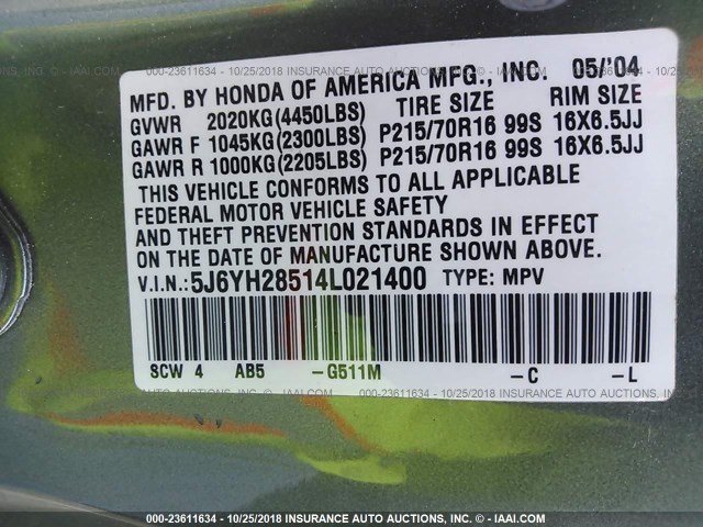 5J6YH28514L021400 - 2004 HONDA ELEMENT EX GREEN photo 9