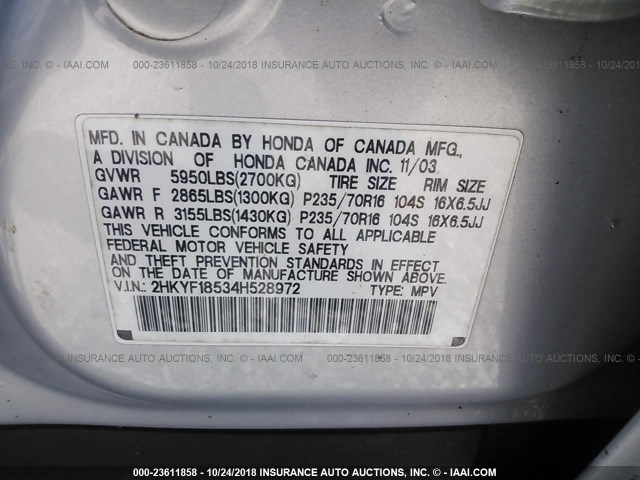 2HKYF18534H528972 - 2004 HONDA PILOT EXL SILVER photo 9