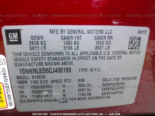 1GNKRLED5CJ406180 - 2012 CHEVROLET TRAVERSE LTZ RED photo 9