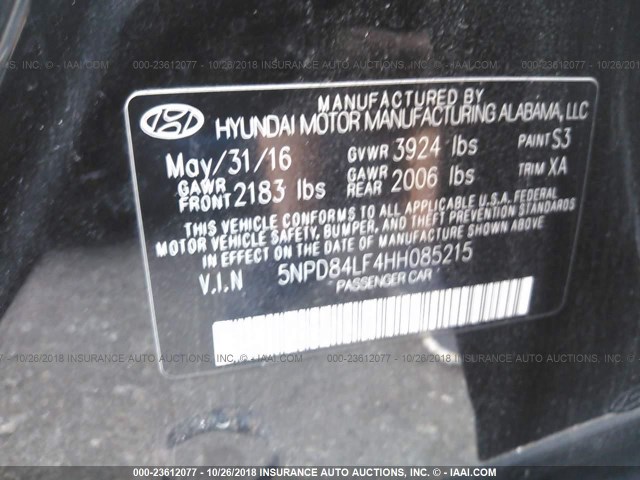 5NPD84LF4HH085215 - 2017 HYUNDAI ELANTRA SE/VALUE/LIMITED BLACK photo 9