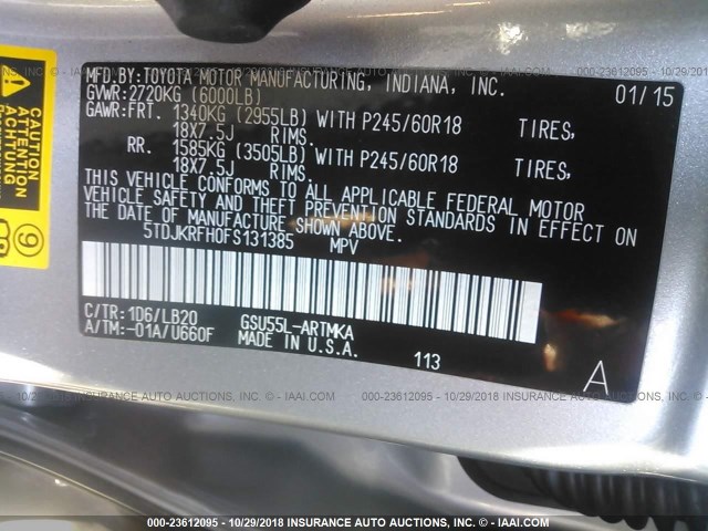 5TDJKRFH0FS131385 - 2015 TOYOTA HIGHLANDER XLE SILVER photo 9