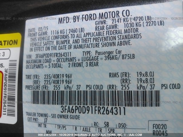 3FA6P0D91FR264311 - 2015 FORD FUSION TITANIUM GRAY photo 9