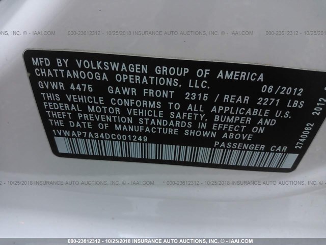 1VWAP7A34DC001249 - 2013 VOLKSWAGEN PASSAT S WHITE photo 9