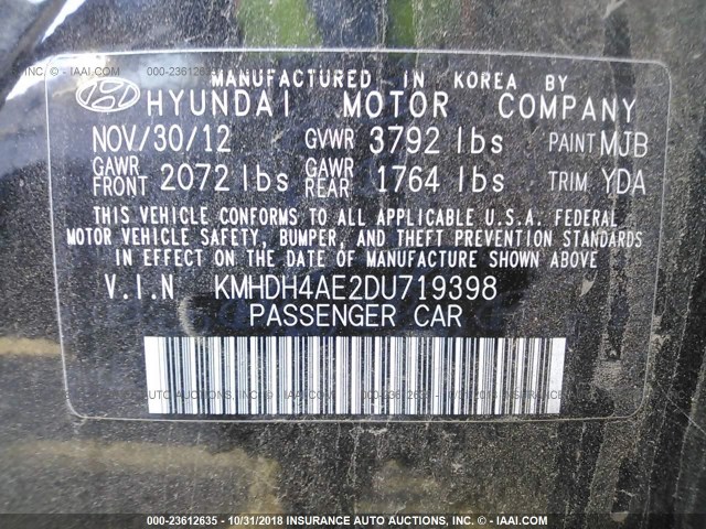 KMHDH4AE2DU719398 - 2013 HYUNDAI ELANTRA GLS/LIMITED BLACK photo 9