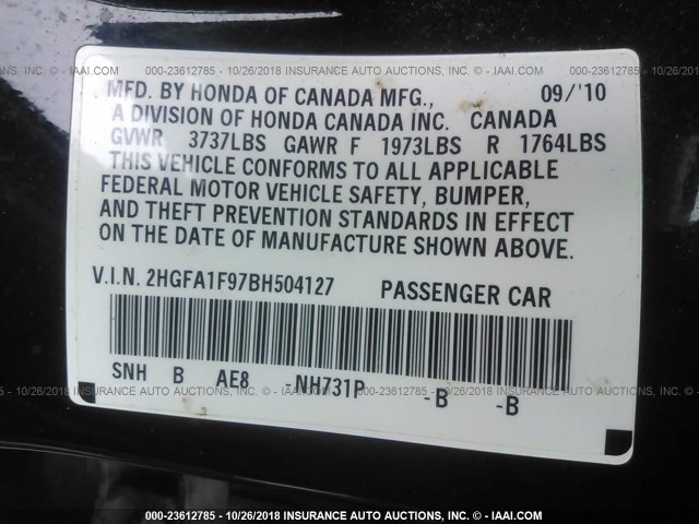 2HGFA1F97BH504127 - 2011 HONDA CIVIC EXL Qara foto 9