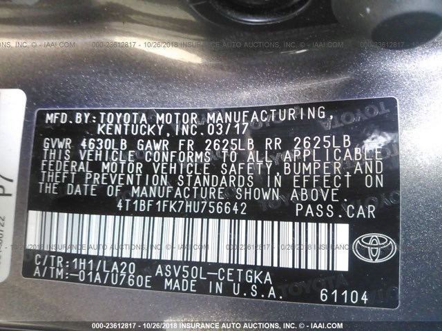 4T1BF1FK7HU756642 - 2017 TOYOTA CAMRY LE/XLE/SE/XSE GRAY photo 9