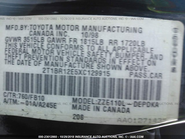 2T1BR12E5XC129915 - 1999 TOYOTA COROLLA VE/CE/LE BLUE photo 9