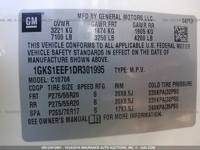 1GKS1EEF1DR301995 - 2013 GMC YUKON DENALI CREAM photo 9