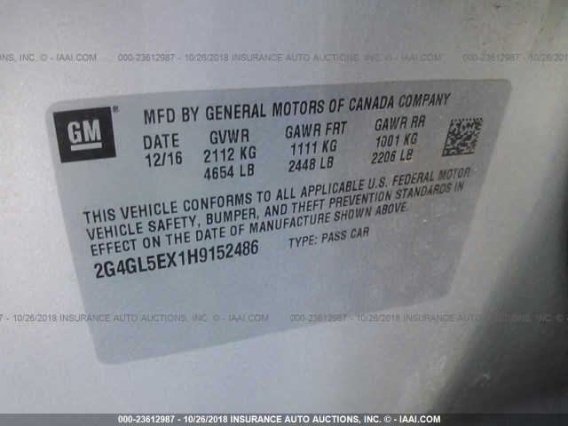 2G4GL5EX1H9152486 - 2017 BUICK REGAL SPORT TOURING SILVER photo 9