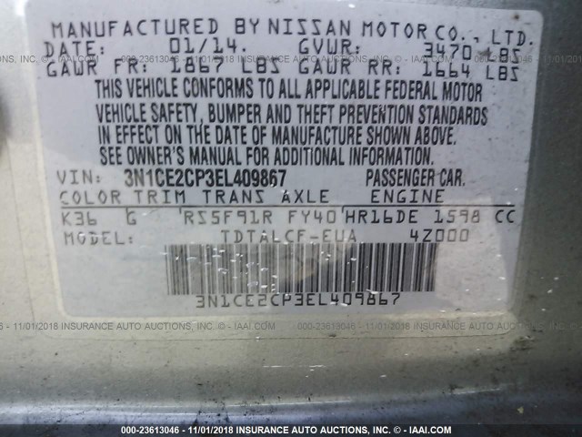 3N1CE2CP3EL409867 - 2014 NISSAN VERSA NOTE S/S PLUS/SV/SL GRAY photo 9