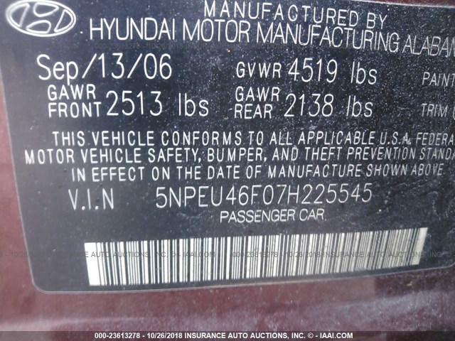 5NPEU46F07H225545 - 2007 HYUNDAI SONATA SE/LIMITED MAROON photo 9