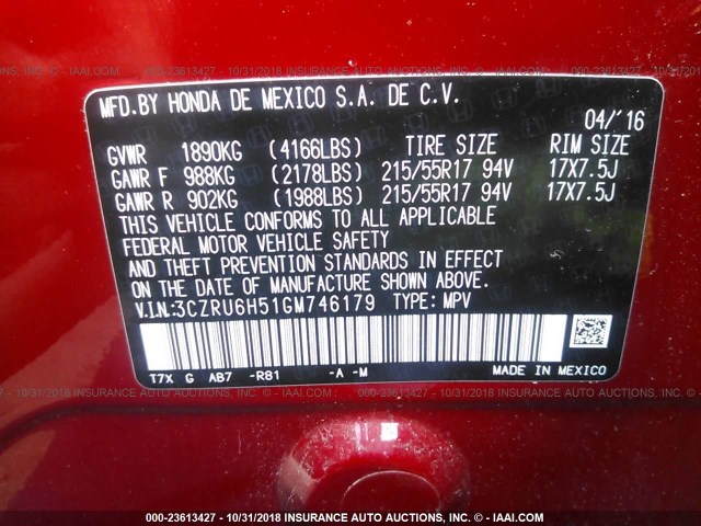 3CZRU6H51GM746179 - 2016 HONDA HR-V EX RED photo 9