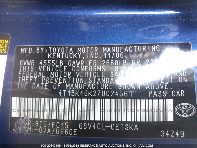 4T1BK46K27U024561 - 2007 TOYOTA CAMRY NEW GENERAT LE/XLE/SE BLUE photo 9