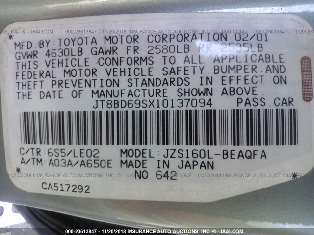 JT8BD69SX10137094 - 2001 LEXUS GS 300 GRAY photo 9