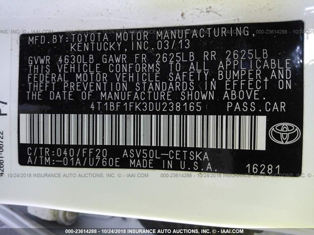 4T1BF1FK3DU238165 - 2013 TOYOTA CAMRY L/SE/LE/XLE Ağ foto 9