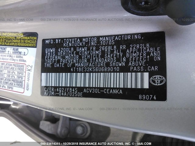 4T1BE32K56U689010 - 2006 TOYOTA CAMRY LE/XLE/SE TAN photo 9
