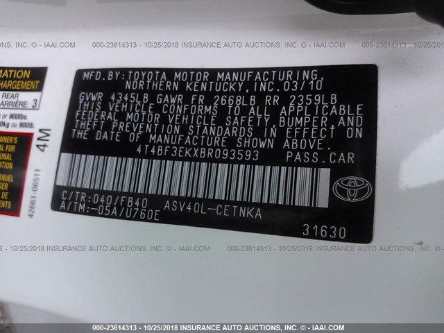 4T4BF3EKXBR093593 - 2011 TOYOTA CAMRY SE/LE/XLE 白色 照片 9