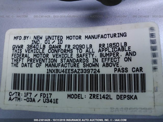 1NXBU4EE5AZ339724 - 2010 TOYOTA COROLLA S/LE/XLE SILVER photo 9