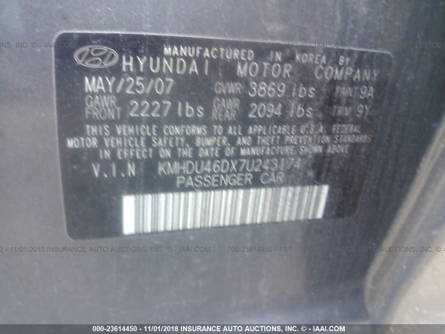 KMHDU46DX7U243174 - 2007 HYUNDAI ELANTRA GRAY photo 9