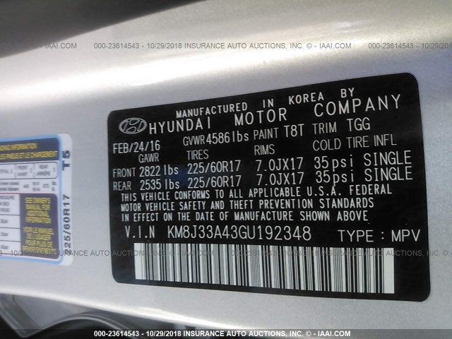 KM8J33A43GU192348 - 2016 HYUNDAI TUCSON LIMITED/SPORT AND ECO/SE GRAY photo 9