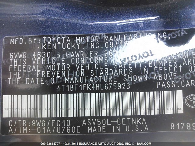 4T1BF1FK4HU675923 - 2017 TOYOTA CAMRY LE/XLE/SE/XSE BLUE photo 9